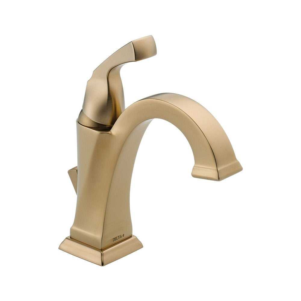 Champagne bronze single-handle bathroom faucet with curved spout and squared base.