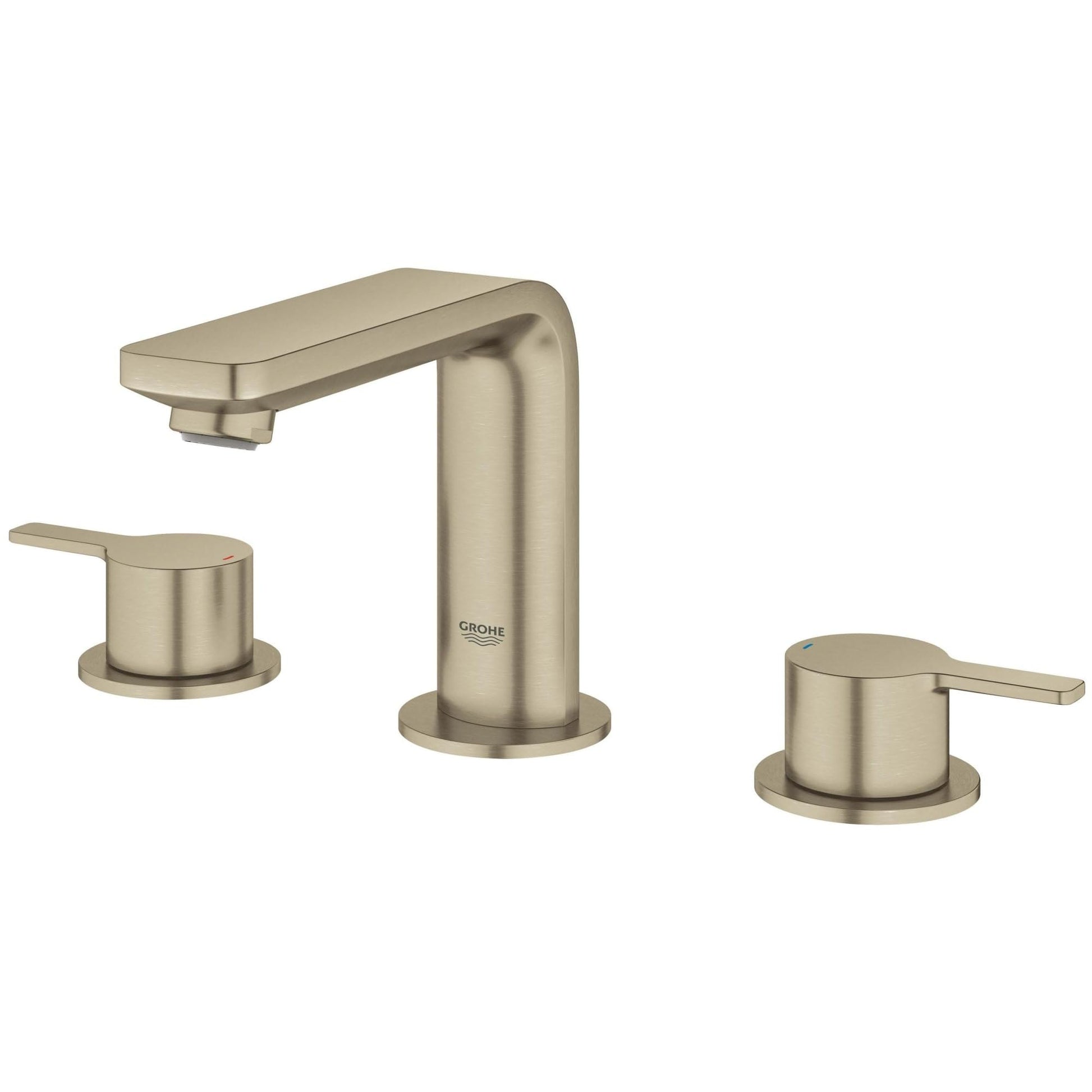 Matte black three-piece widespread bathroom faucet with rectangular spout and two cylindrical lever handles.