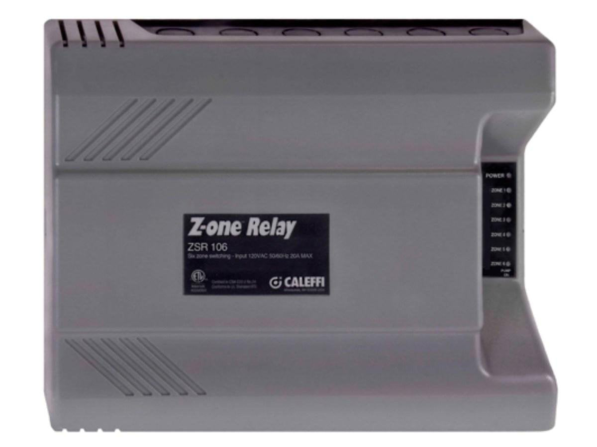 Caleffi ZSR106 Zone Relay control unit with gray casing, black label, and terminal connections on right side.