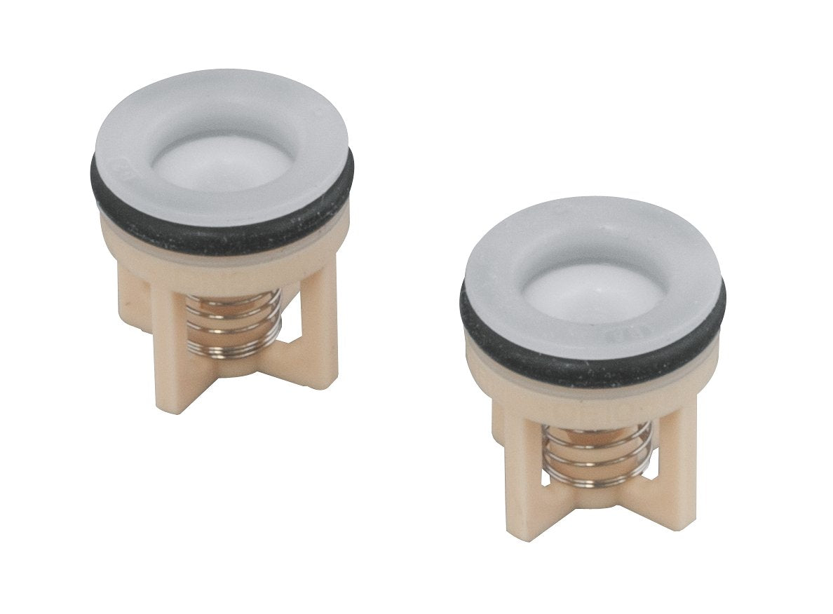Two Grohe non-return valves with plastic bodies, metal springs, gray tops, and black rubber seals.
