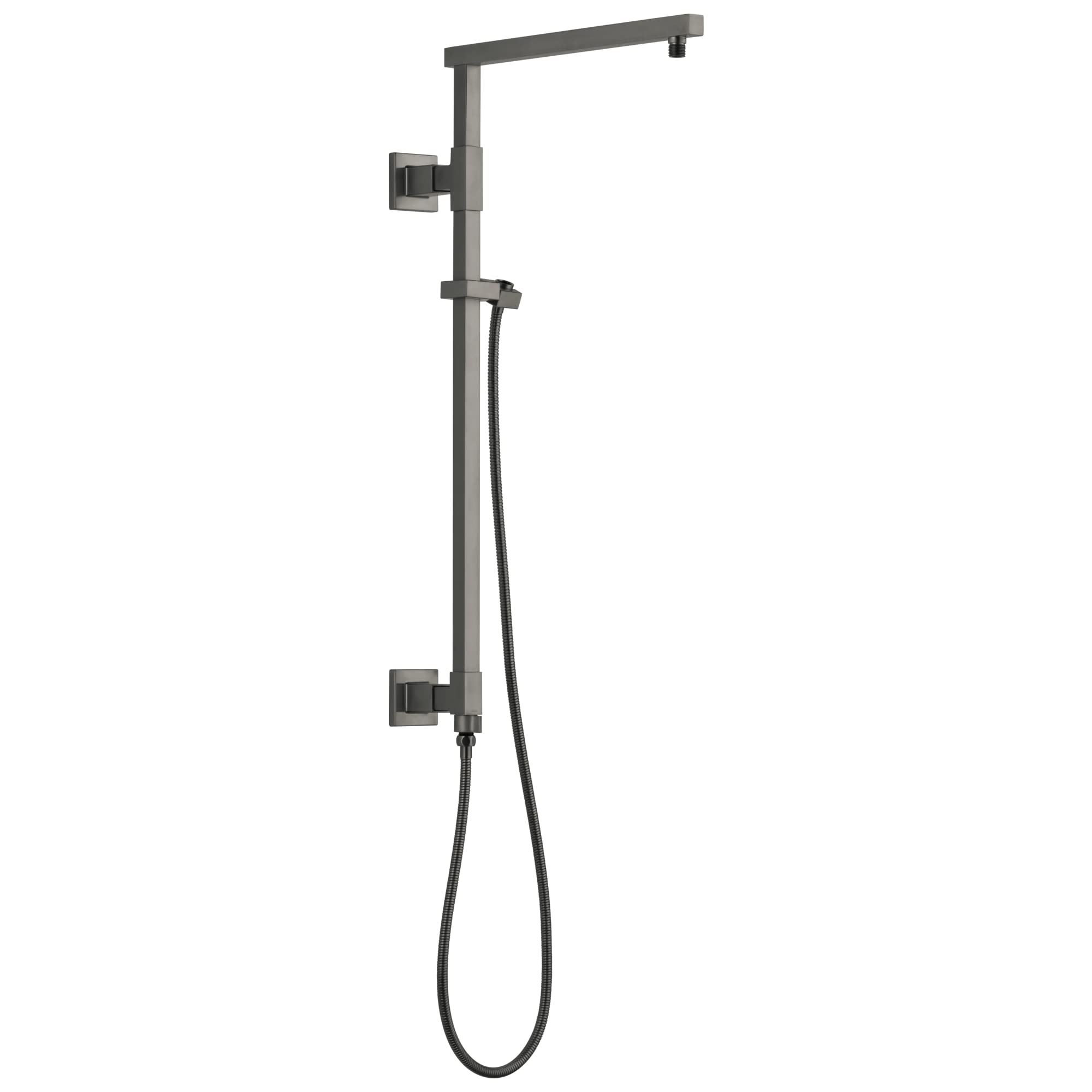 Gunmetal angular shower column with overhead rainfall head, hand shower, and control valve mounted on vertical post.