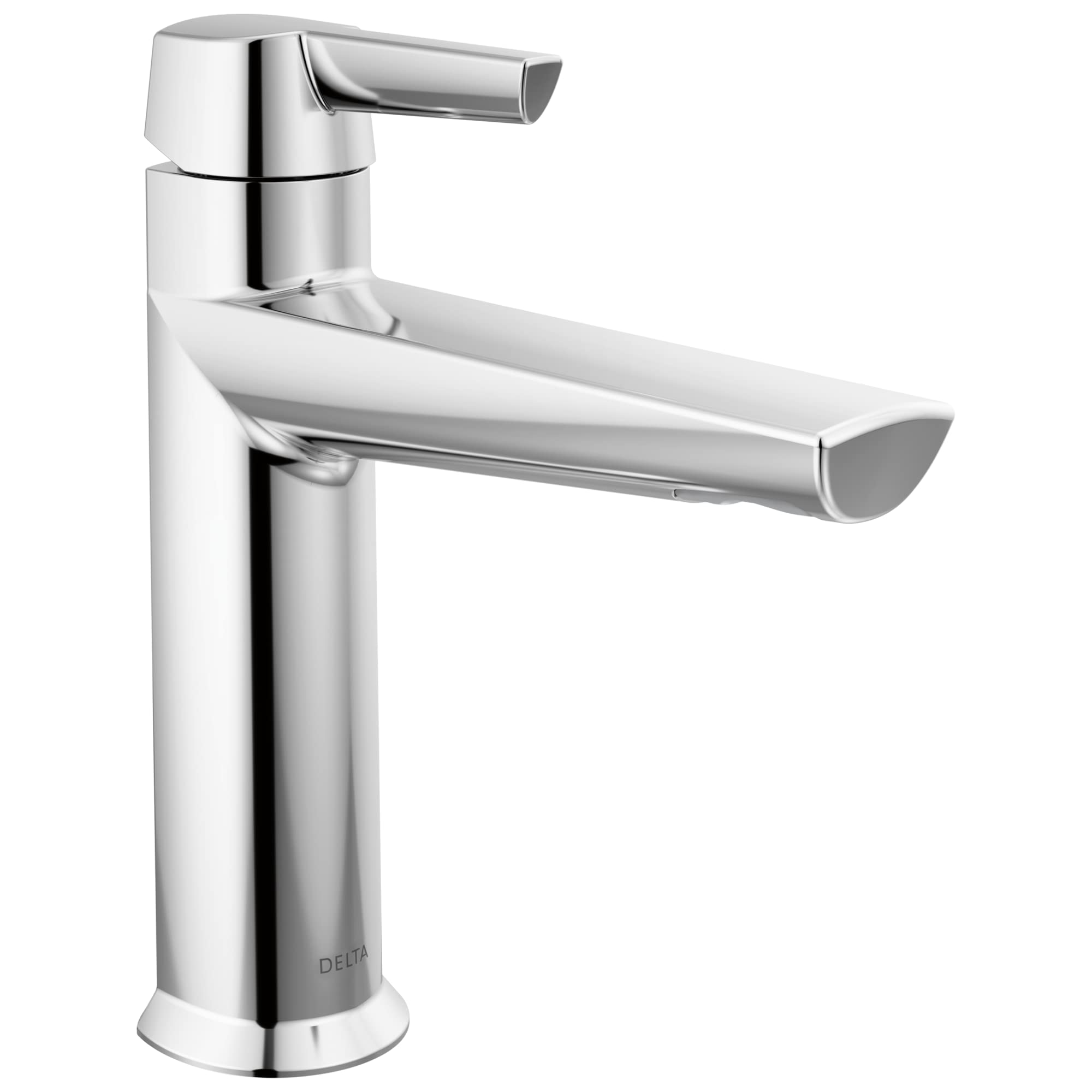 Chrome single-handle bathroom faucet with cylindrical body, curved spout, and lever handle positioned above basin.