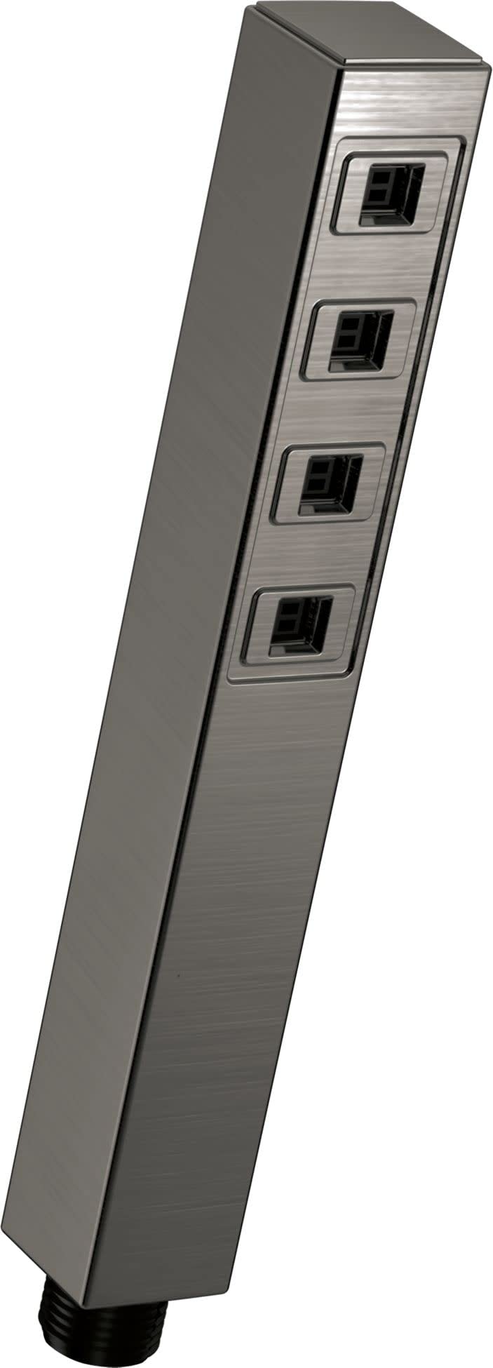 Square-shaped hand shower head in brushed gray metal with single spray outlet and threaded connector.