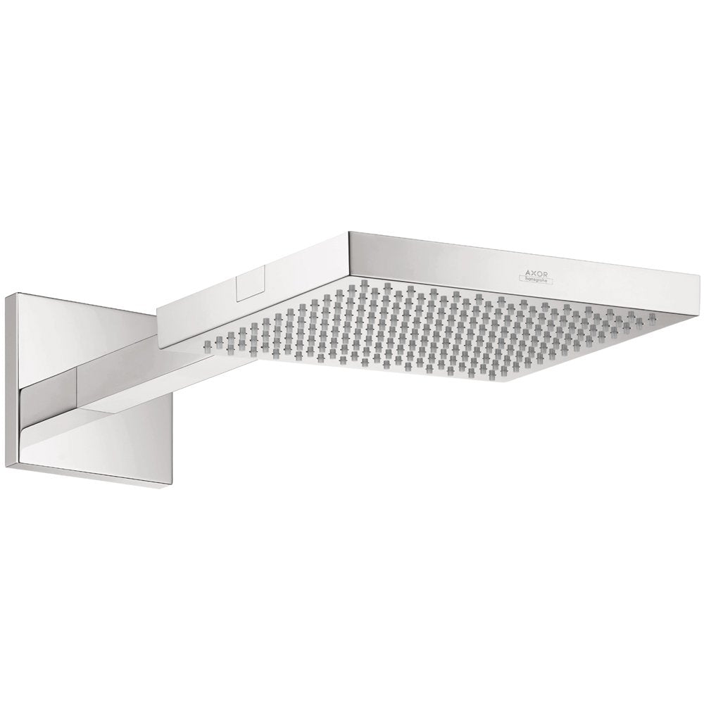 Chrome rectangular shower head with multiple spray jets mounted on wall-mounted arm and trim plate.