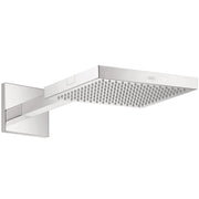 Chrome rectangular shower head with multiple spray jets mounted on wall-mounted arm and trim plate.