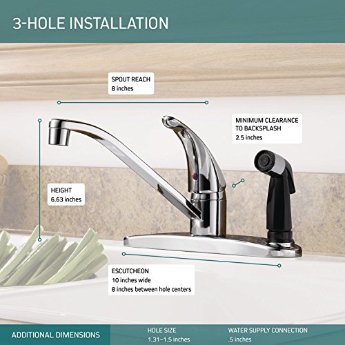 Chrome single-handle kitchen faucet with curved spout, side sprayer, and measurement specifications for 3-hole installation.