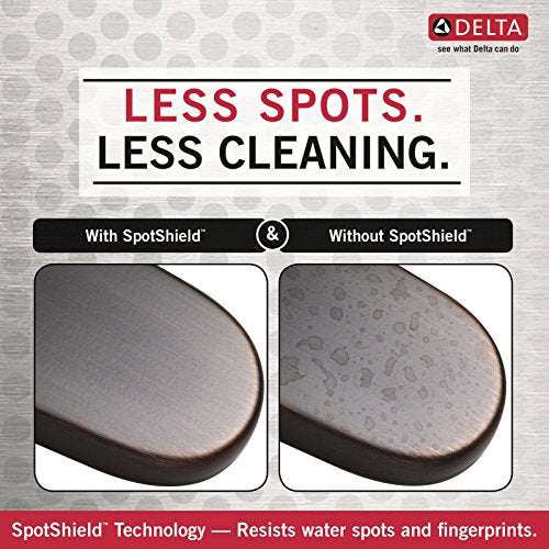 Venetian bronze curved towel bar with SpotShield technology comparison showing water spot resistance.