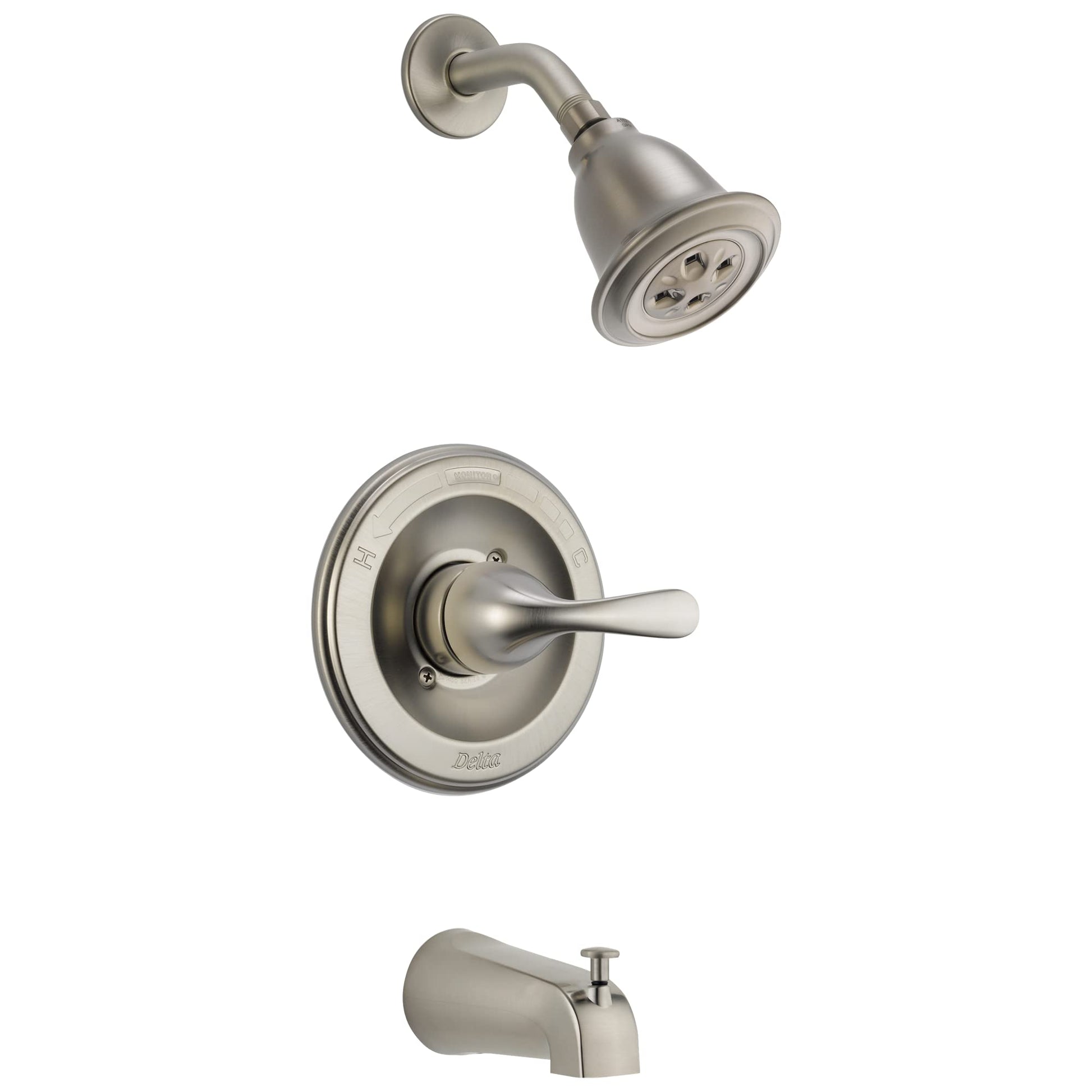 Brushed nickel tub and shower trim with lever handle, showerhead, and tub spout.