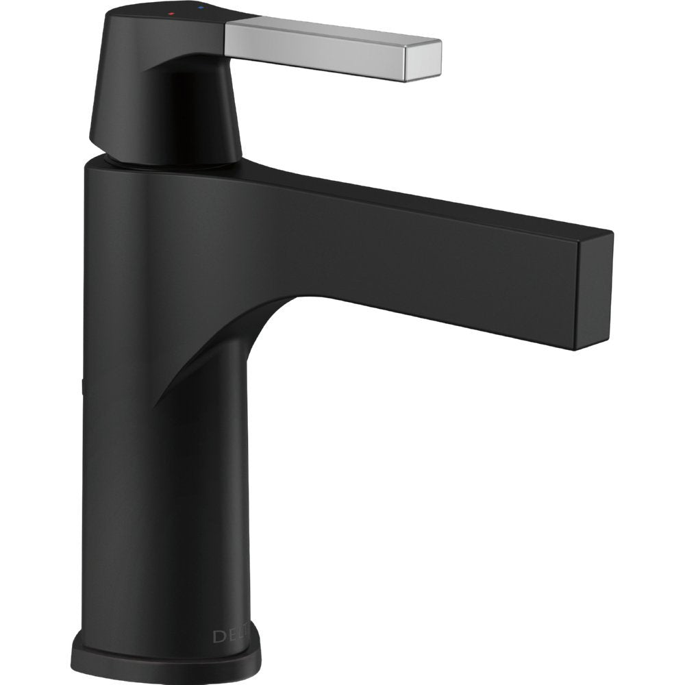 Black single-handle bathroom faucet with chrome spout and rectangular lever handle on cylindrical base.