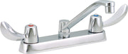 Chrome deck mount faucet with two lever handles, 8-inch center, and curved spout.