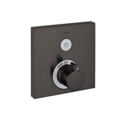 Square brushed black chrome shower trim with circular power button on top and rotary temperature control dial below.