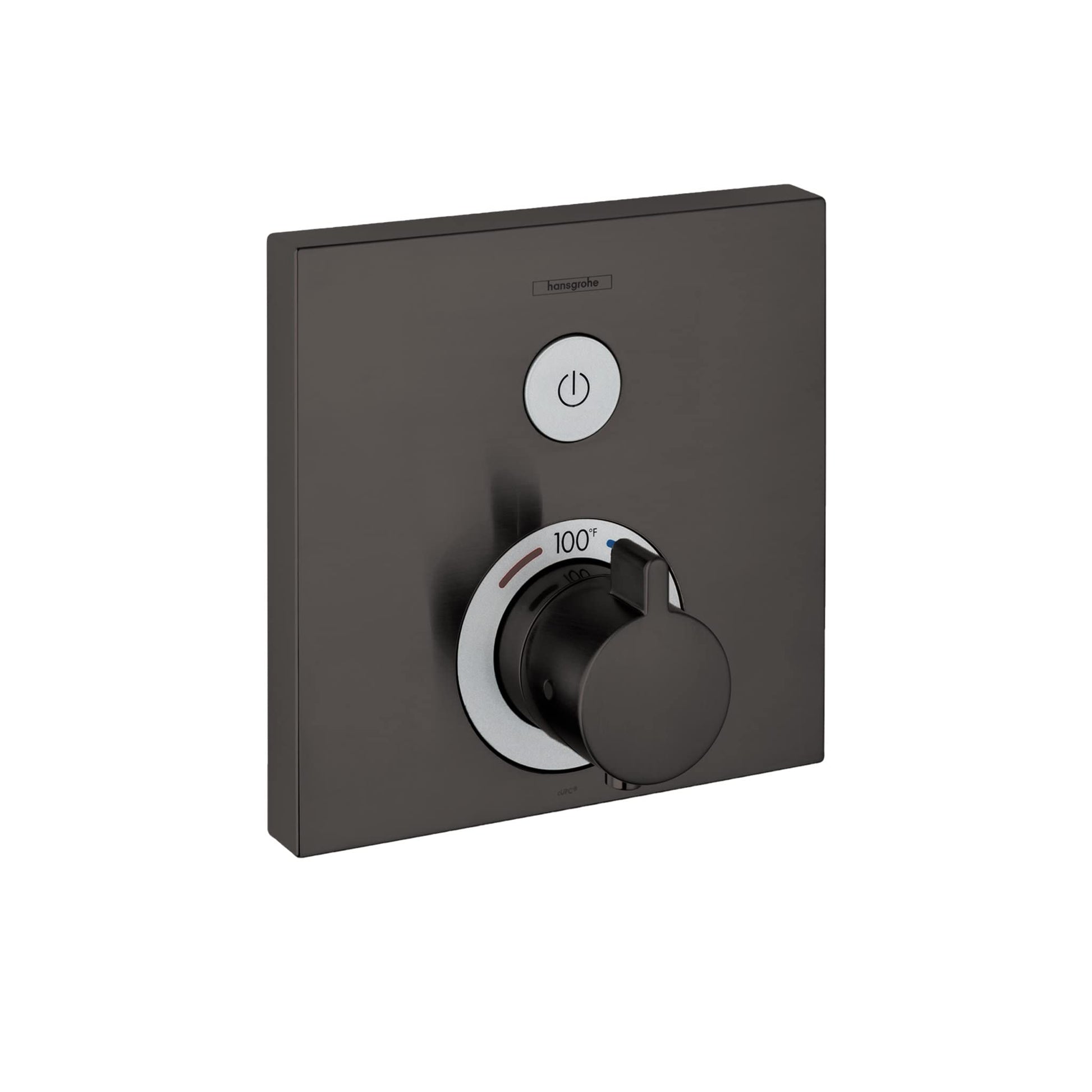 Square brushed black chrome shower trim with circular power button on top and rotary temperature control dial below.