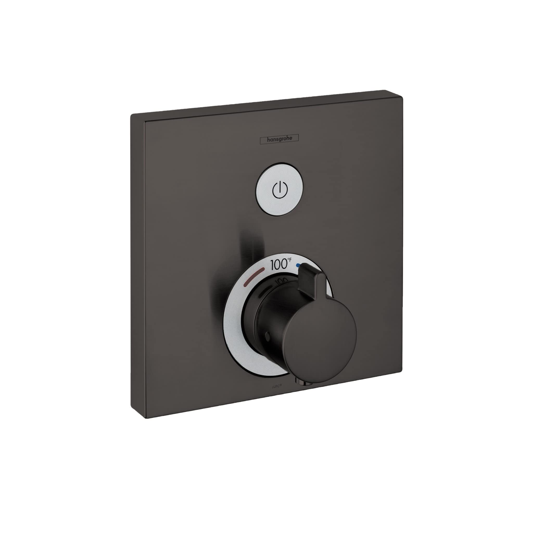 Square brushed black chrome shower trim with circular power button on top and rotary temperature control dial below.