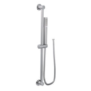 Chrome handheld showerhead with metal hose attached to vertical slide bar with wall-mounted brackets.