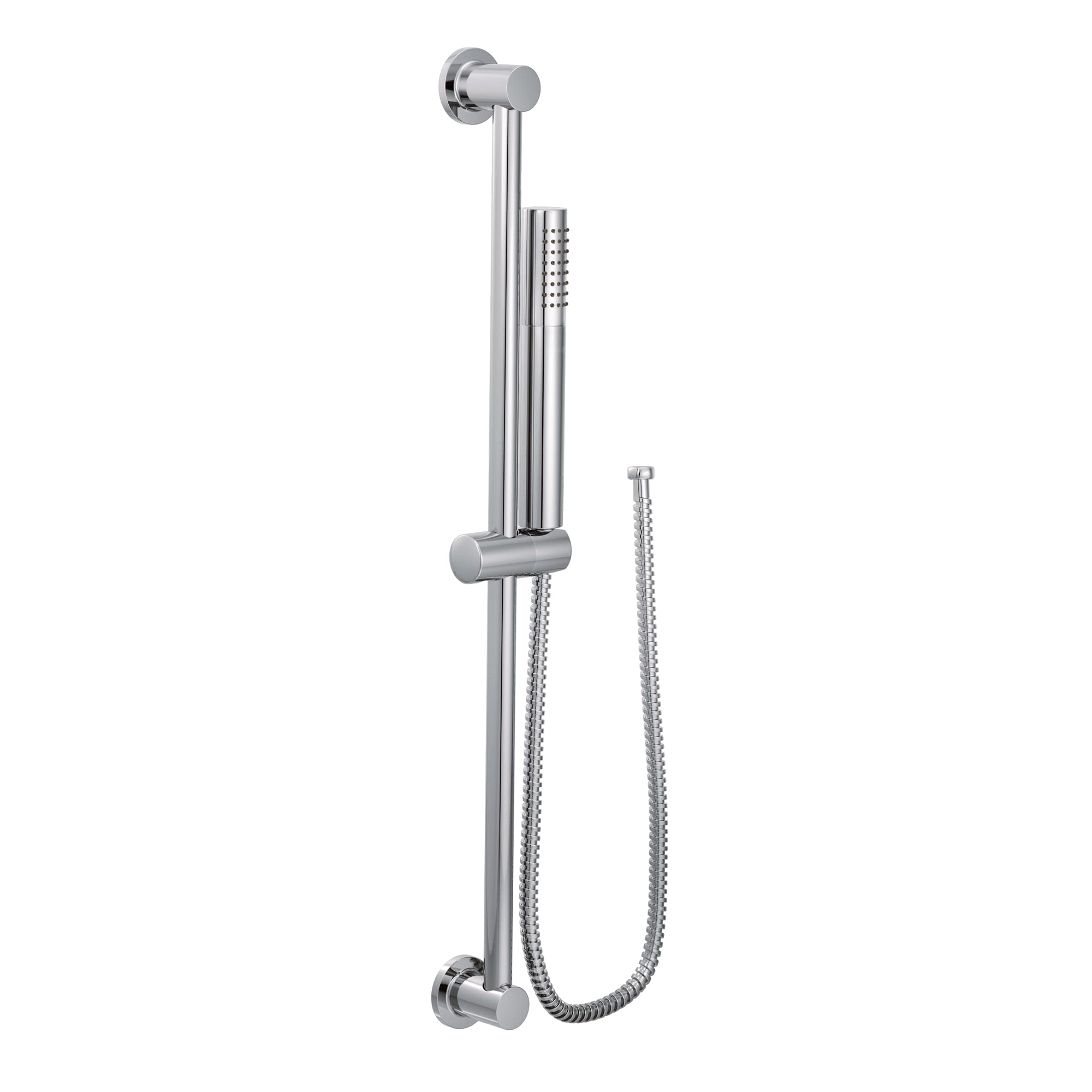 Chrome handheld showerhead with metal hose attached to vertical slide bar with wall-mounted brackets.