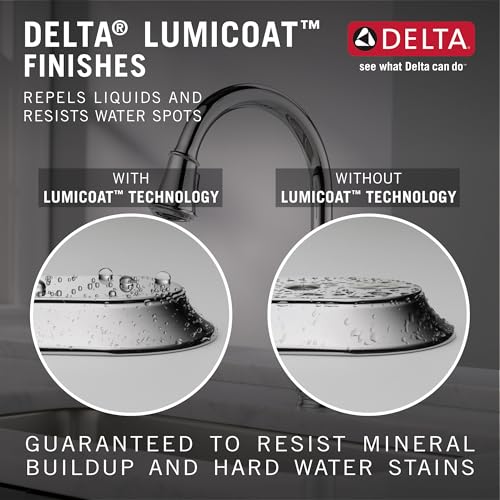 Chrome pull-down kitchen faucet with single handle shown with and without water-repellent coating comparison.