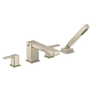 Brushed nickel two-handle deck mount roman tub faucet with single-function handheld showerhead and angular design.