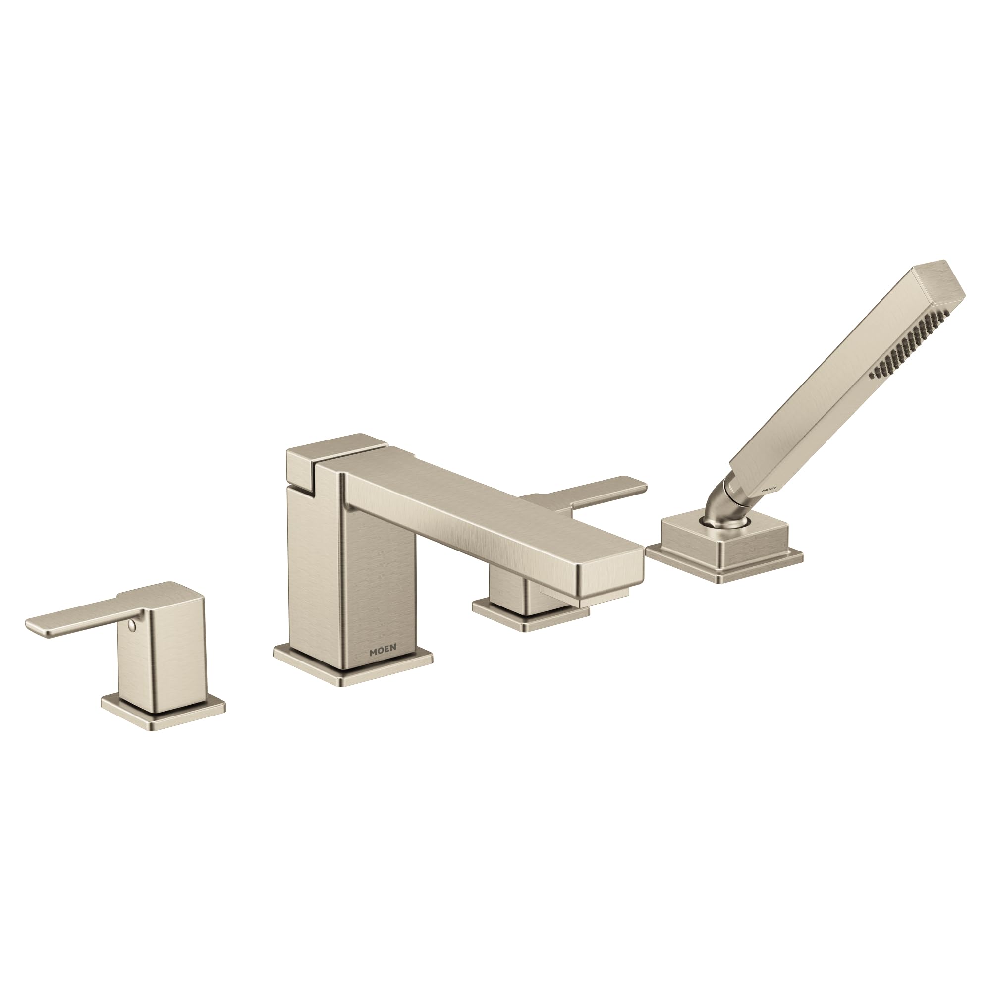 Brushed nickel two-handle deck mount roman tub faucet with single-function handheld showerhead and angular design.