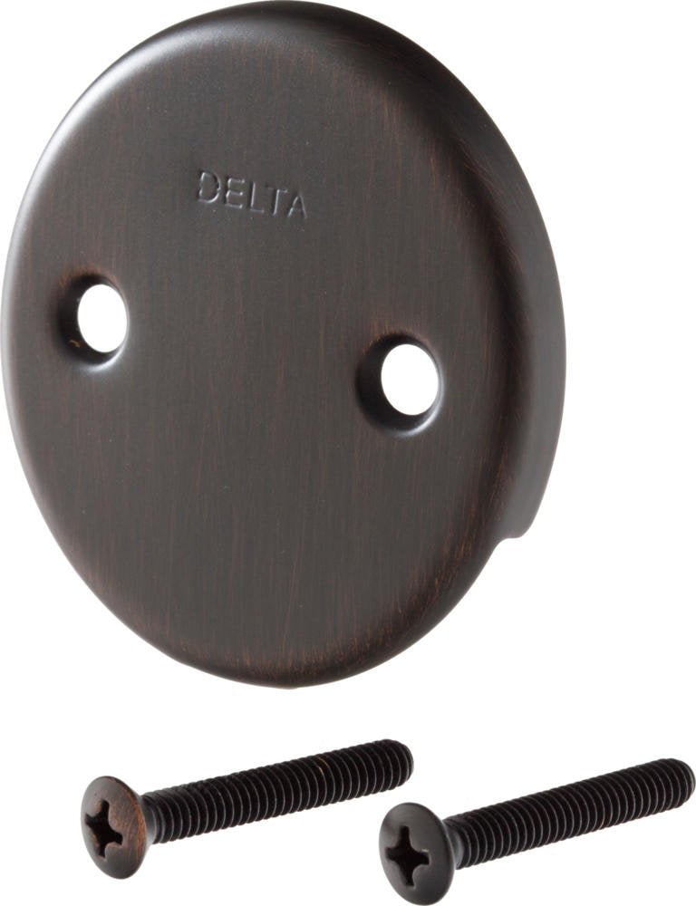 Venetian bronze overflow plate with two mounting holes and matching screws included.