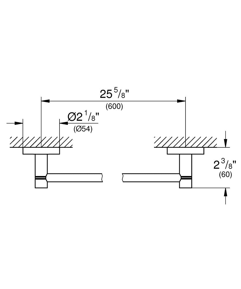 Towel bar with wall-mounted brackets, 25 5/8" length, brushed metal finish with dimensional specifications.
