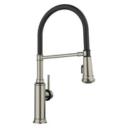 Satin platinum semi-pro kitchen faucet with high arched spout, black flexible hose, and single side lever control.