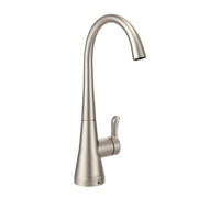 Stainless steel kitchen faucet with tall curved spout, single lever handle, and tapered cone base.