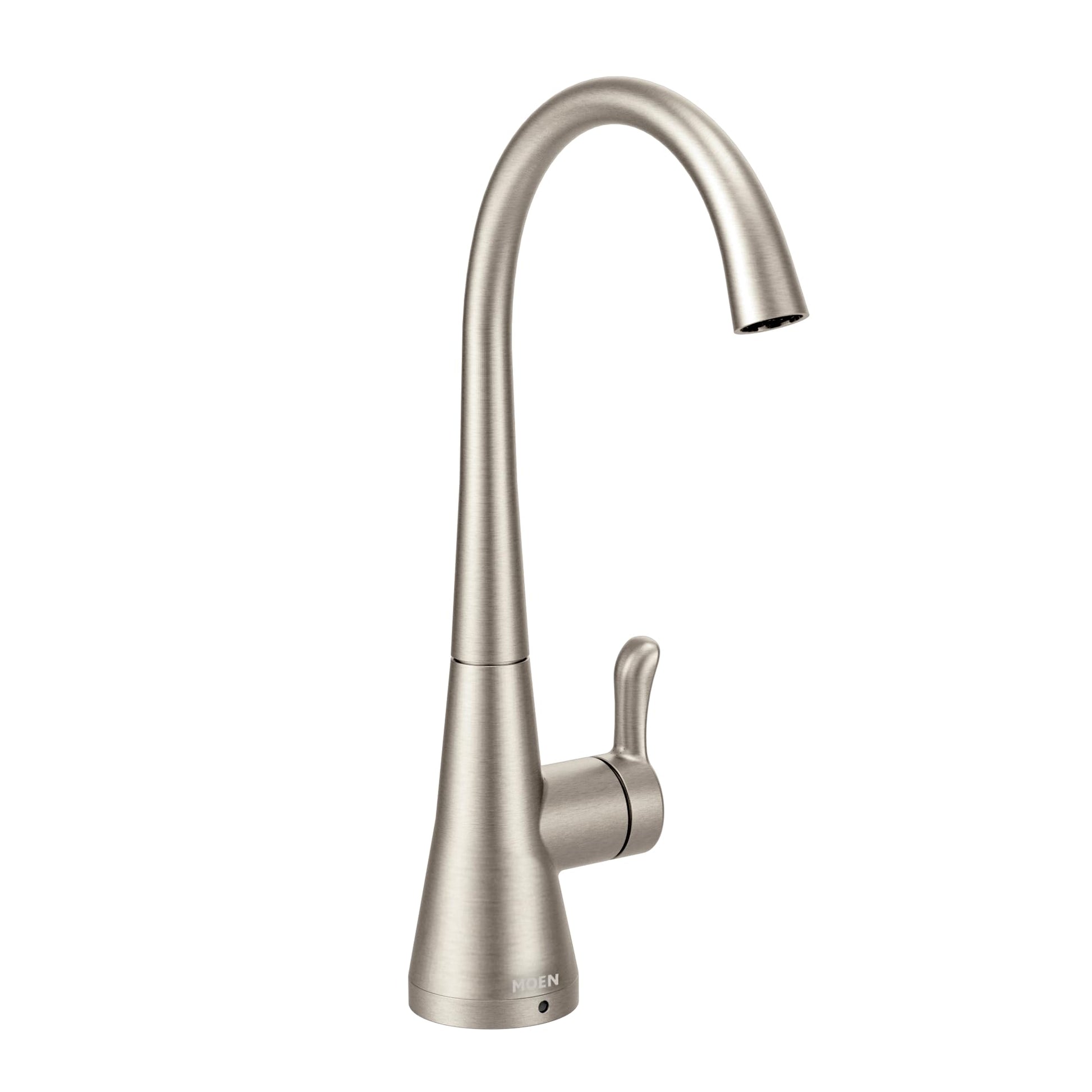 Stainless steel kitchen faucet with tall curved spout, single lever handle, and tapered cone base.
