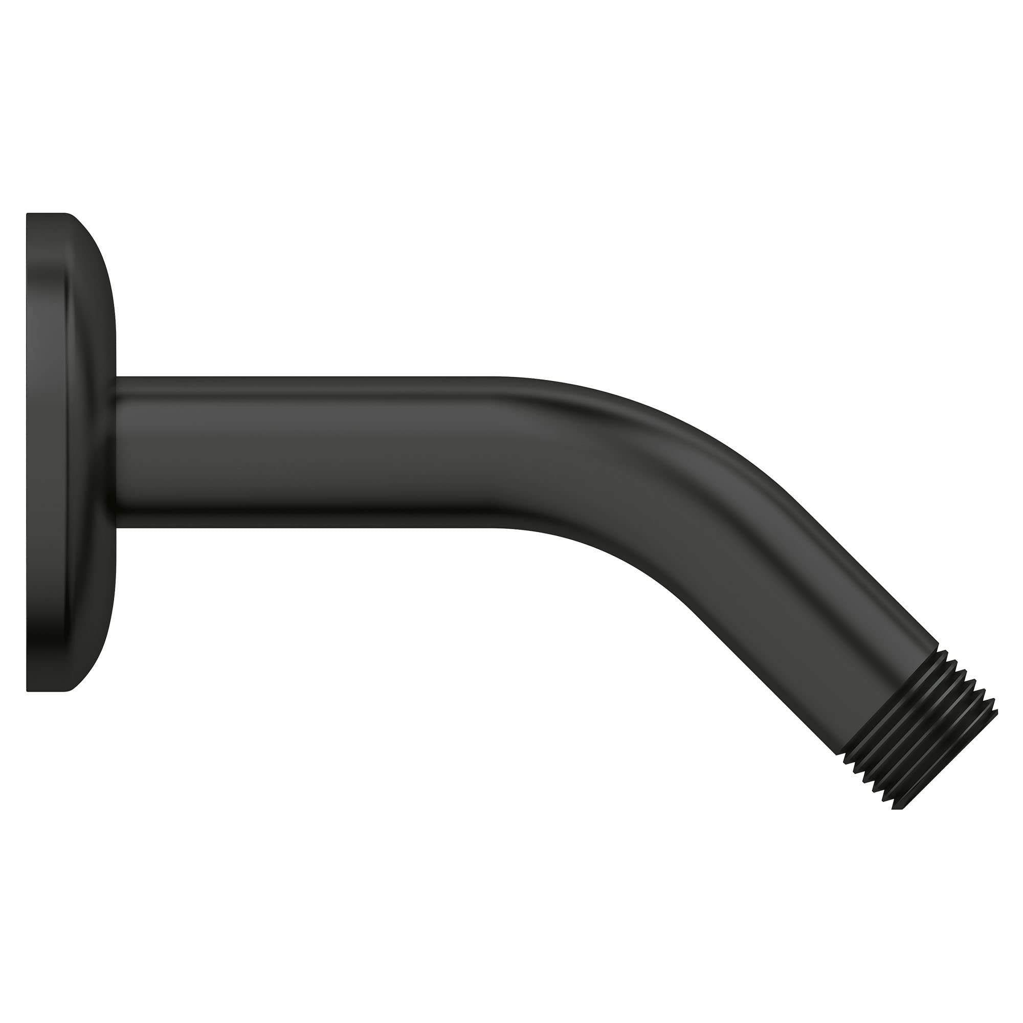 Matte black curved shower arm with wall-mounted flange and threaded connection end.