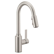 Stainless steel kitchen faucet with curved gooseneck spout, single lever handle, and pulldown sprayer head.