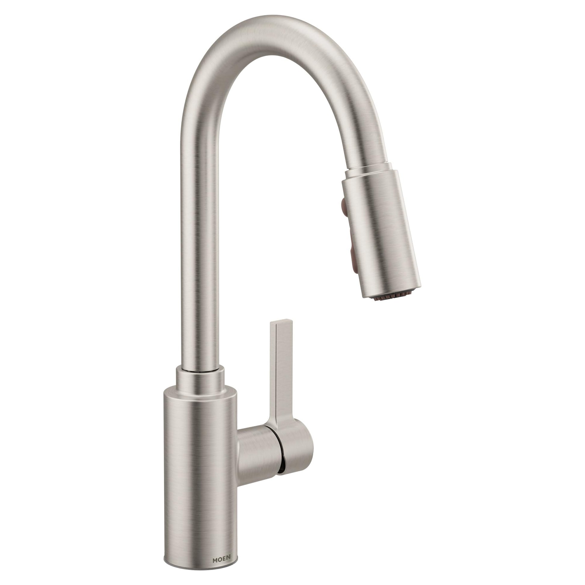 Stainless steel kitchen faucet with curved gooseneck spout, single lever handle, and pulldown sprayer head.