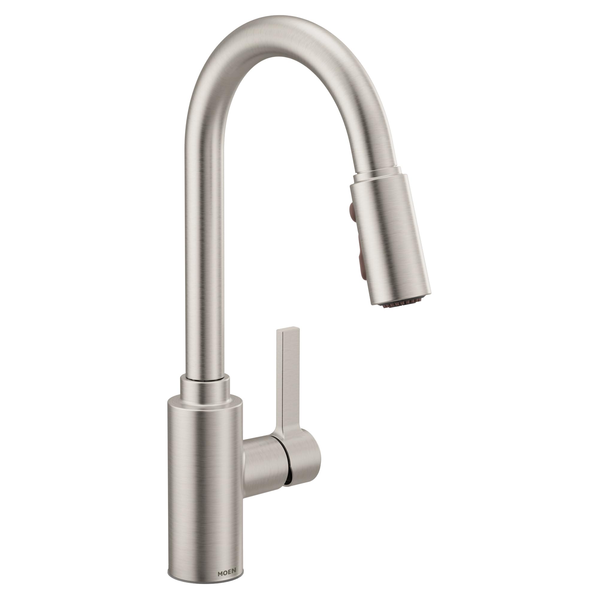 Stainless steel kitchen faucet with curved gooseneck spout, single lever handle, and pulldown sprayer head.