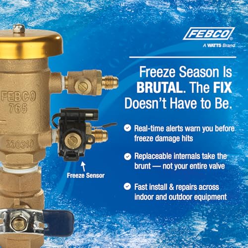 Bronze pressure vacuum breaker with 1-inch union connections and freeze sensor attachment points.