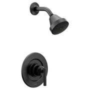 Matte black shower trim kit with round wall-mounted showerhead and single-lever valve trim plate.
