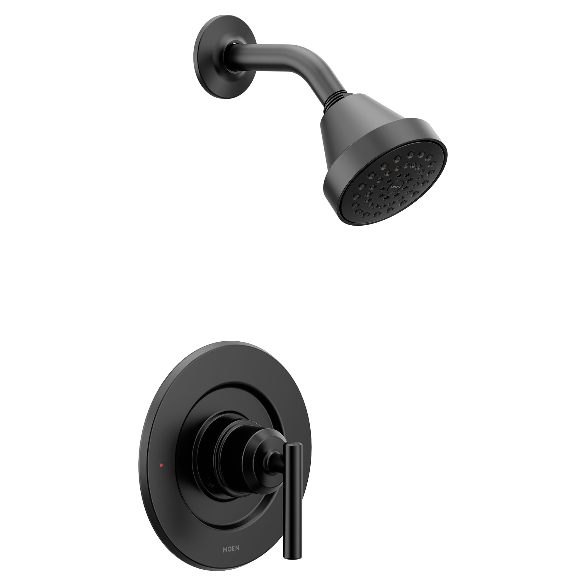 Matte black shower trim kit with round wall-mounted showerhead and single-lever valve trim plate.