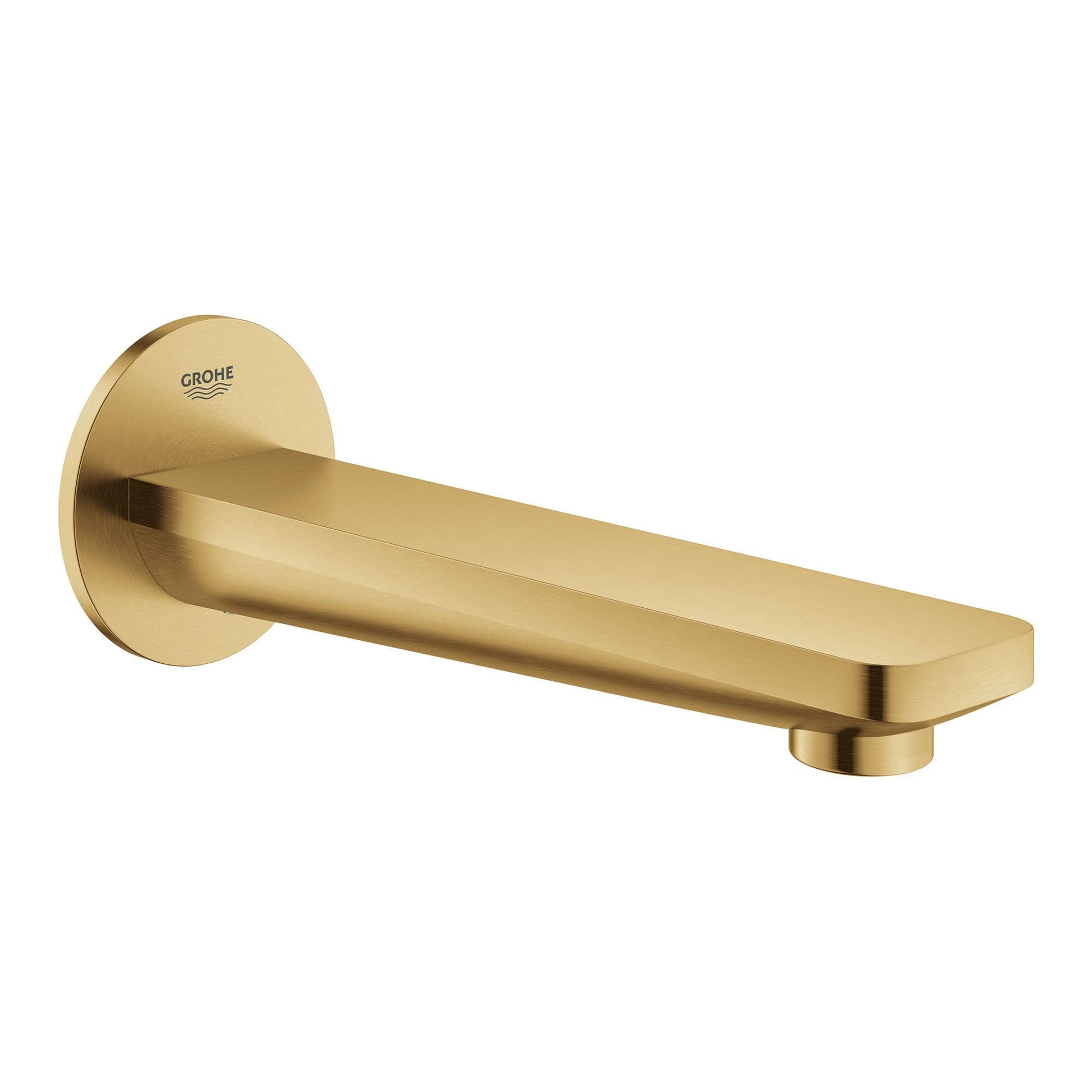 Grohe Lineare brushed gold tub spout with round wall flange and angled outlet.