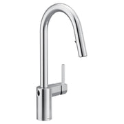 Chrome pulldown kitchen faucet with high arc spout, single handle, and sensor activation.