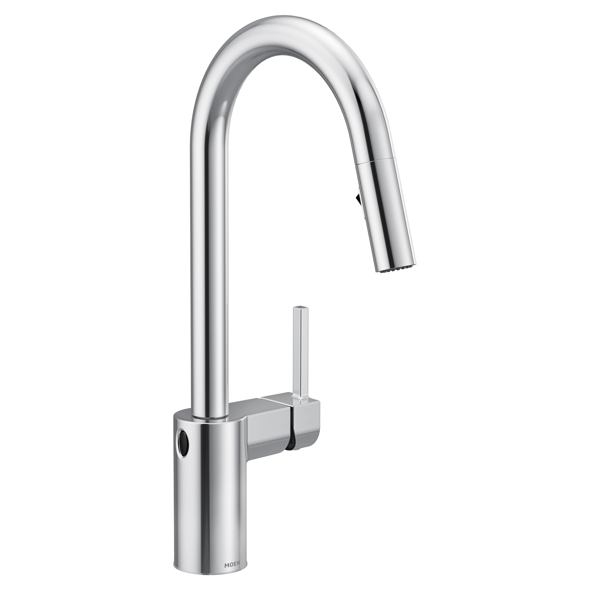 Chrome pulldown kitchen faucet with high arc spout, single handle, and sensor activation.