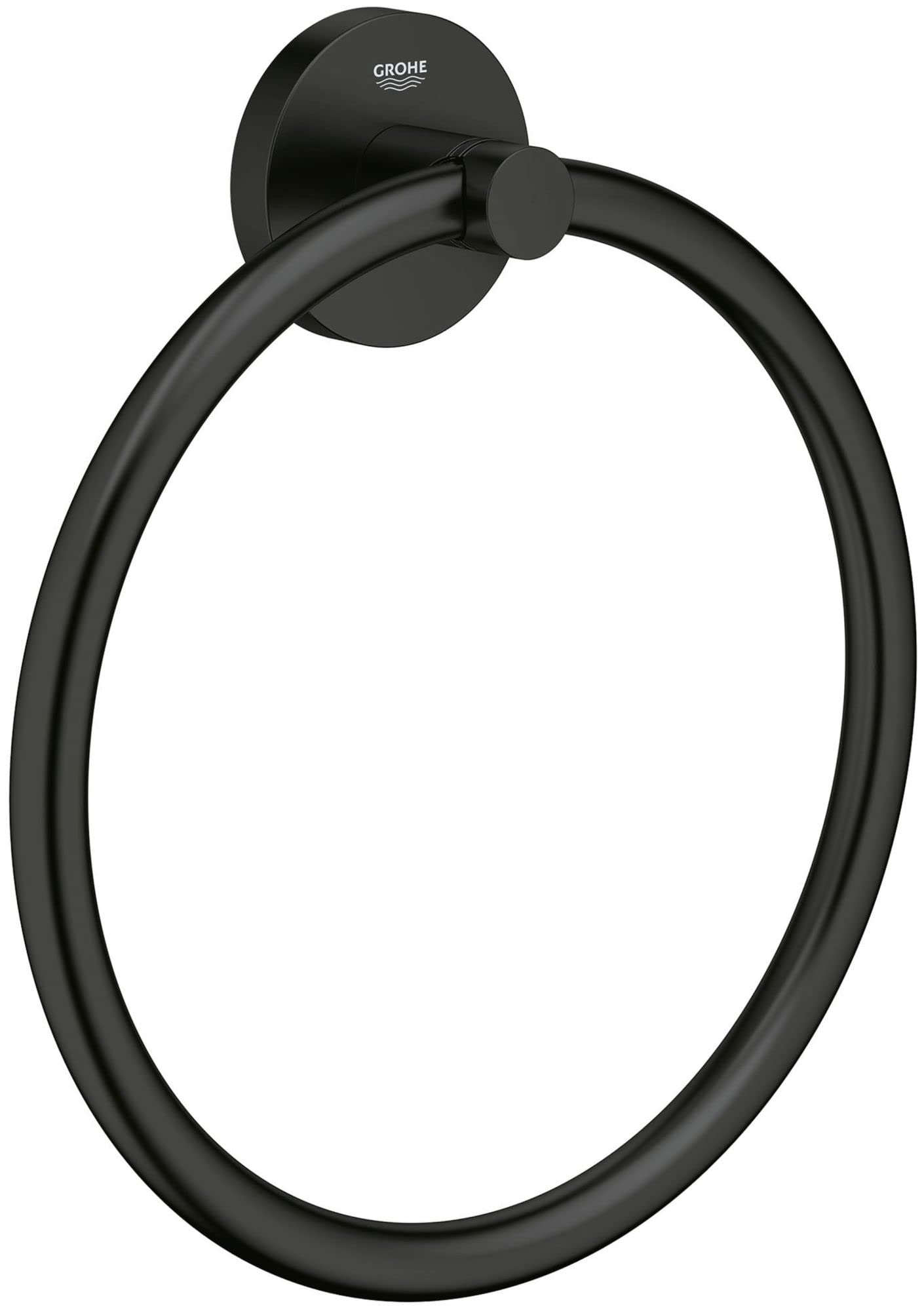 Matte black circular towel ring with rounded tube design and wall-mounted disc backing with Grohe branding.
