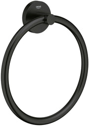 Matte black circular towel ring with rounded tube design and wall-mounted disc backing with Grohe branding.