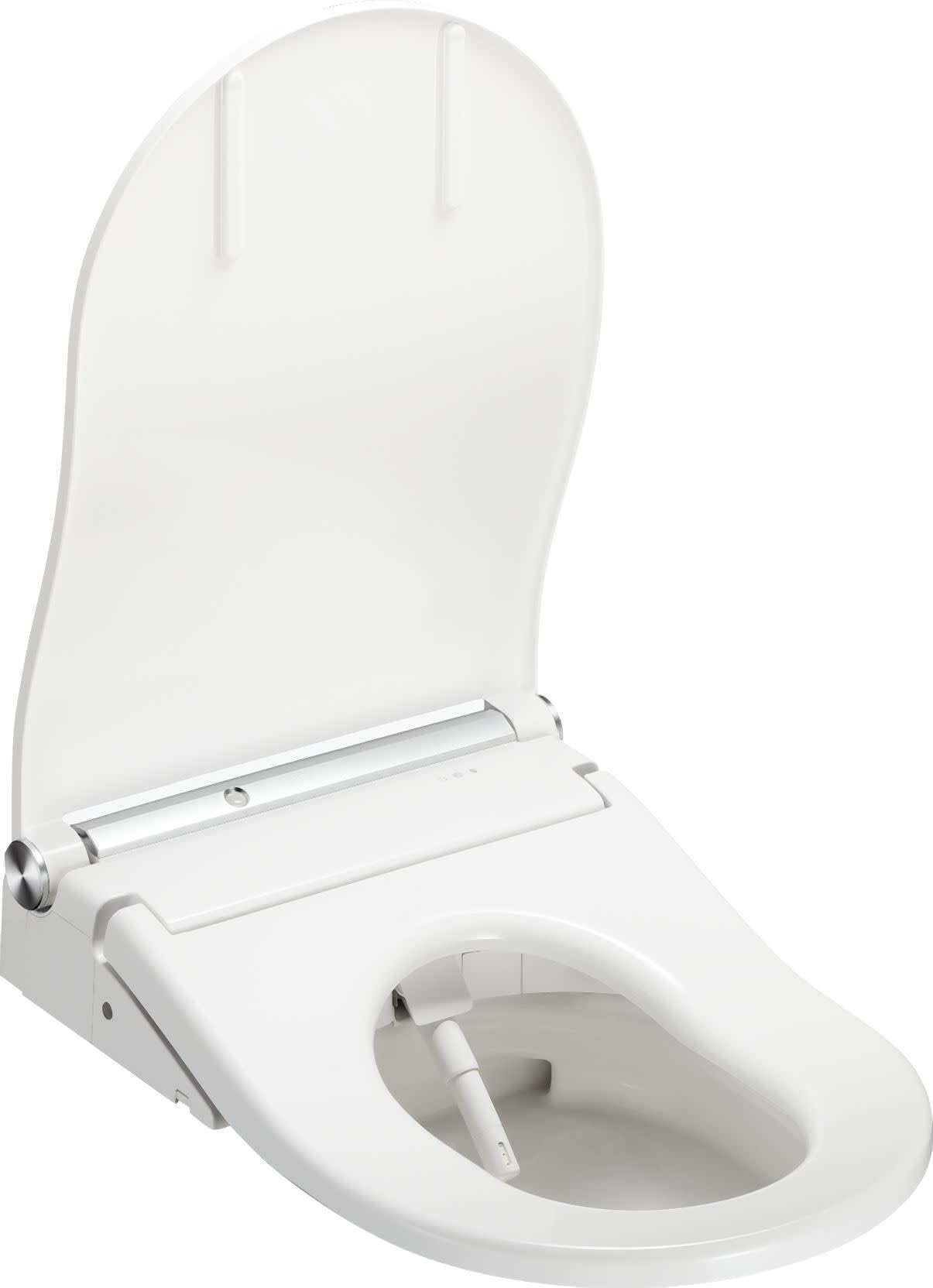 Cotton white electronic bidet toilet seat with integrated control panel on the side and matching lid.