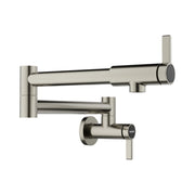 Satin platinum wall-mounted potfiller faucet with articulating arm and lever handle.