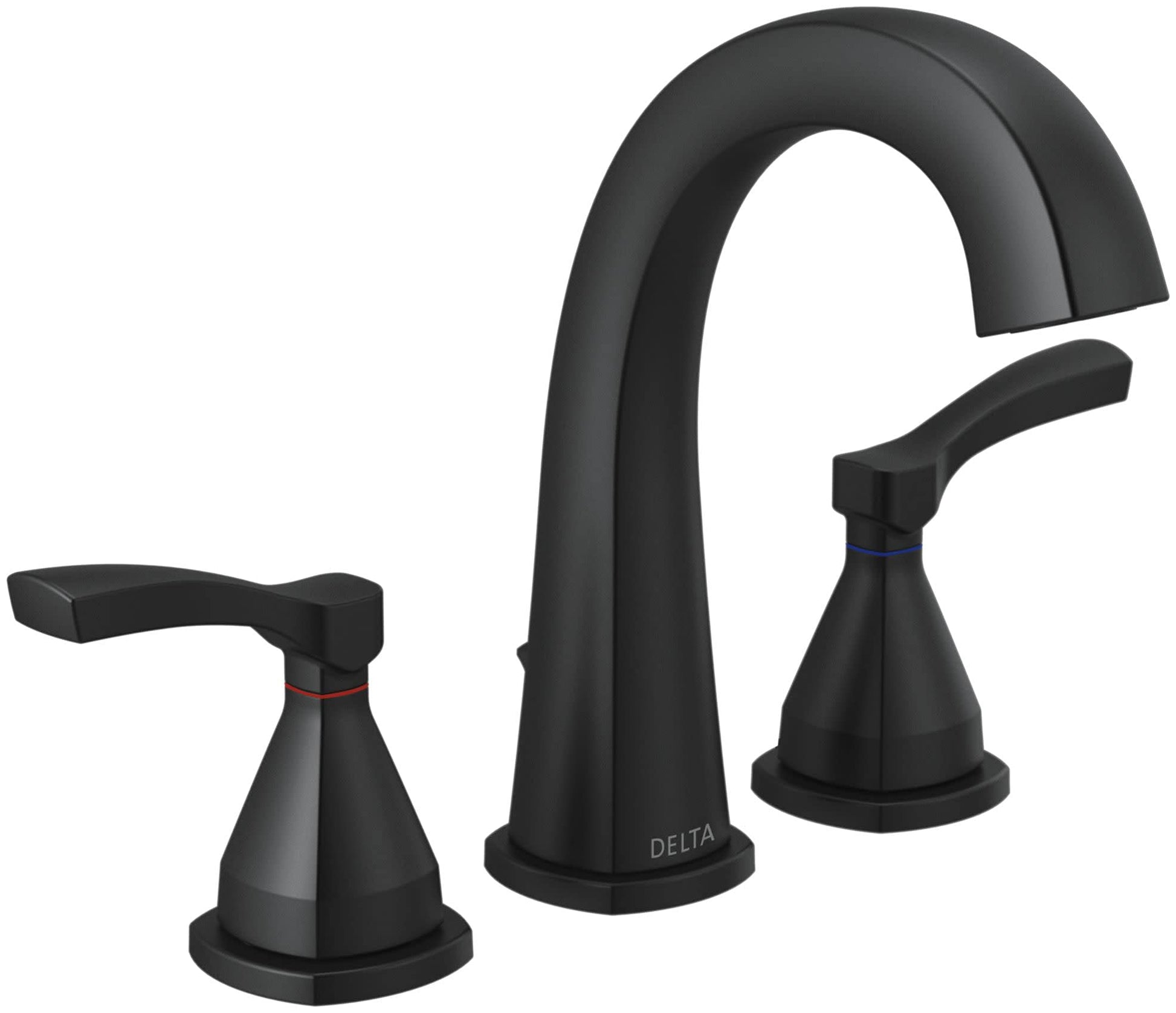 Black Delta Stryke faucet with tall curved spout, two lever handles, and metal pop-up drain assembly.