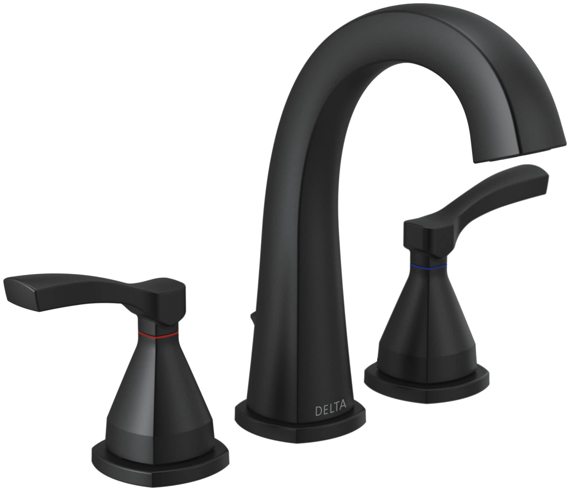 Black Delta Stryke faucet with tall curved spout, two lever handles, and metal pop-up drain assembly.
