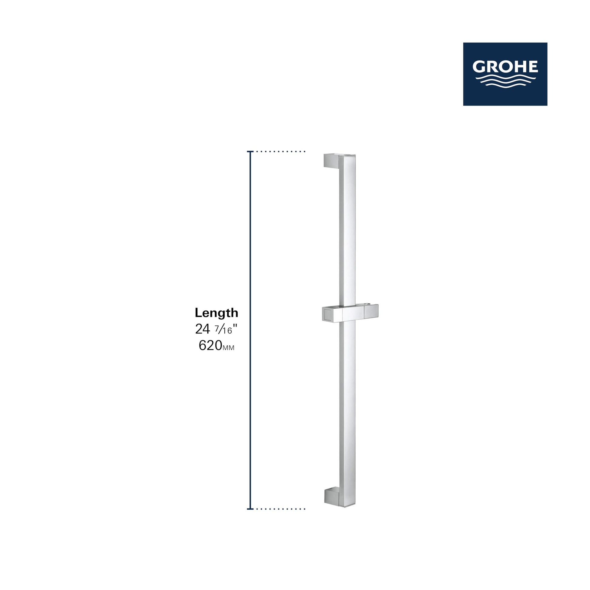 Chrome vertical shower rail with integrated hand shower holder and 620mm length measurement indicated.