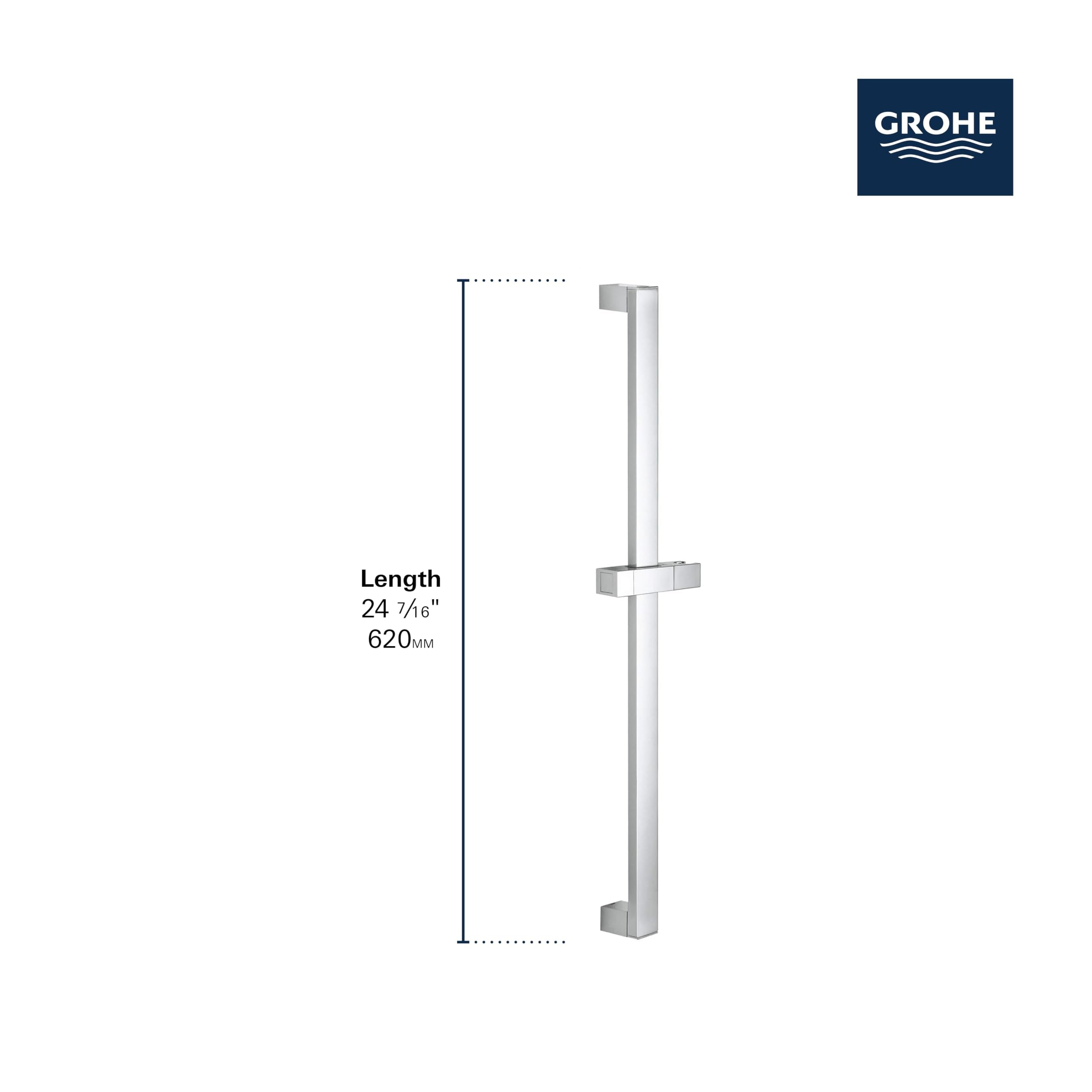 Chrome vertical shower rail with integrated hand shower holder and 620mm length measurement indicated.