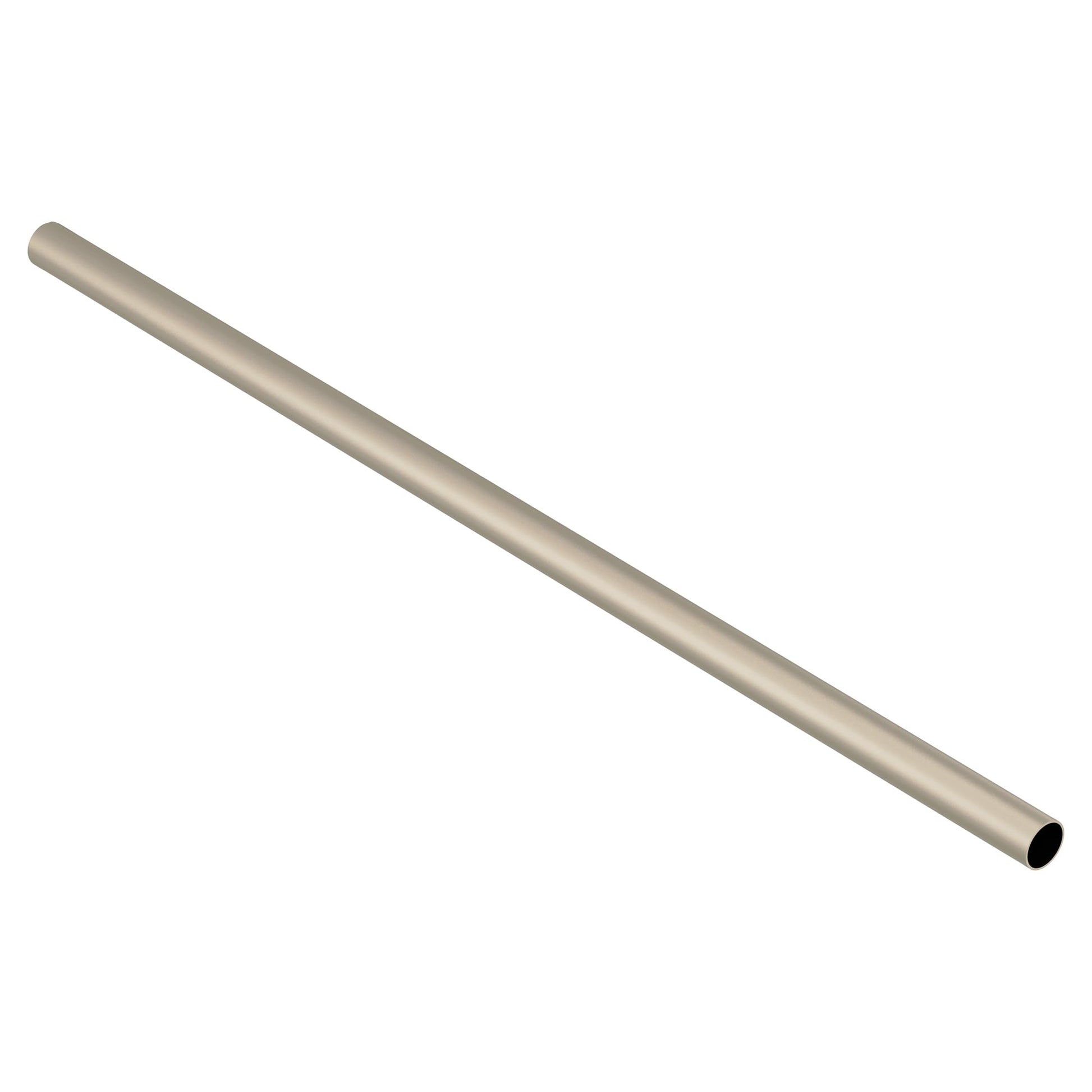 Brushed nickel cylindrical towel bar with tapered ends, angled view.