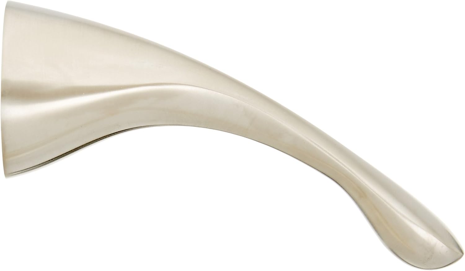 Curved stainless steel lever handle with brushed finish and tapered design against white background.