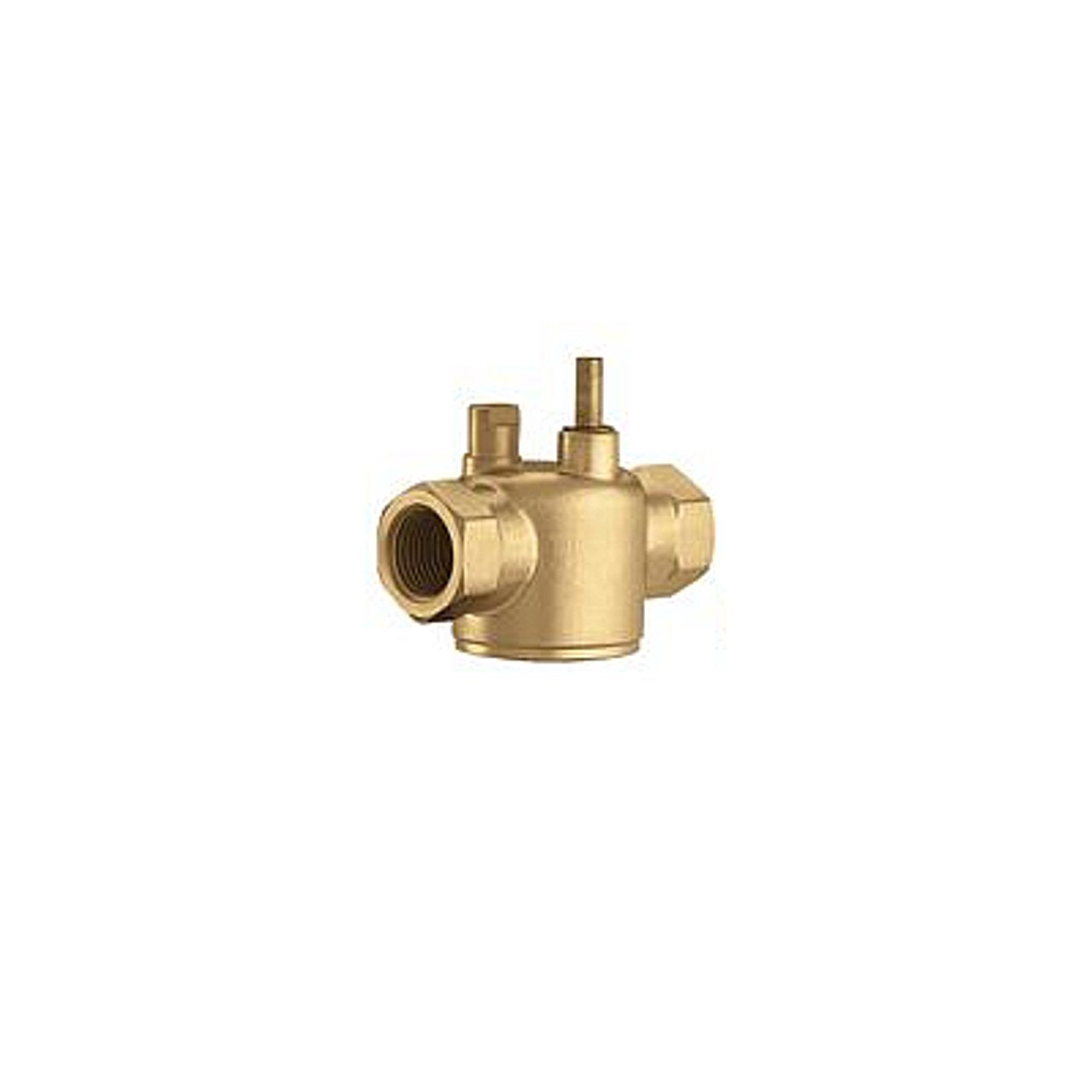 Brass 2-way valve body with 1/2" sweat connections and adjustment stem on top.