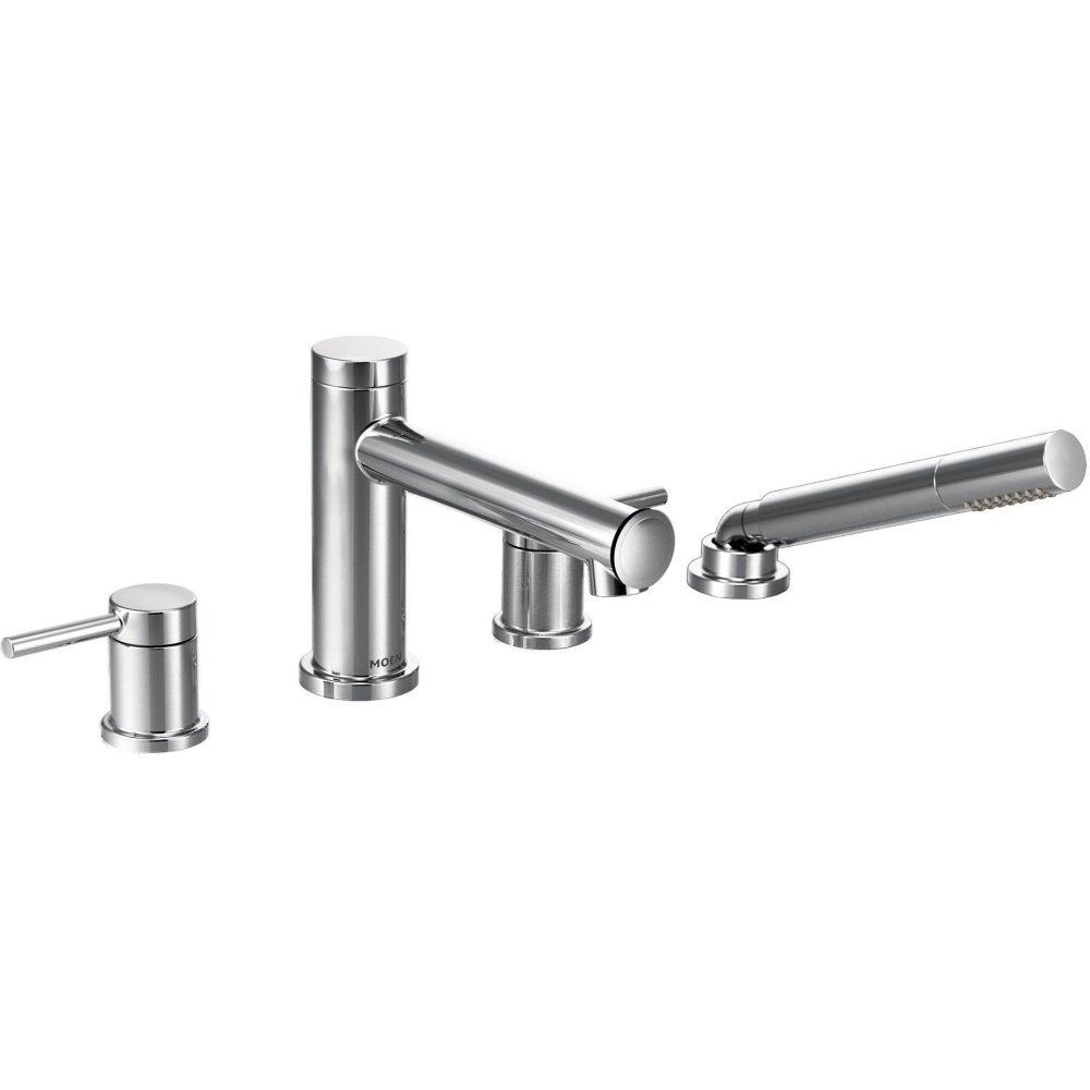Chrome two-handle deck mount roman tub faucet with handshower and matching control lever.
