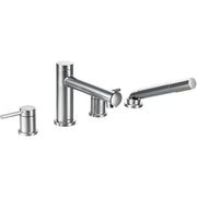 Chrome two-handle deck mount roman tub faucet with handshower and matching control lever.
